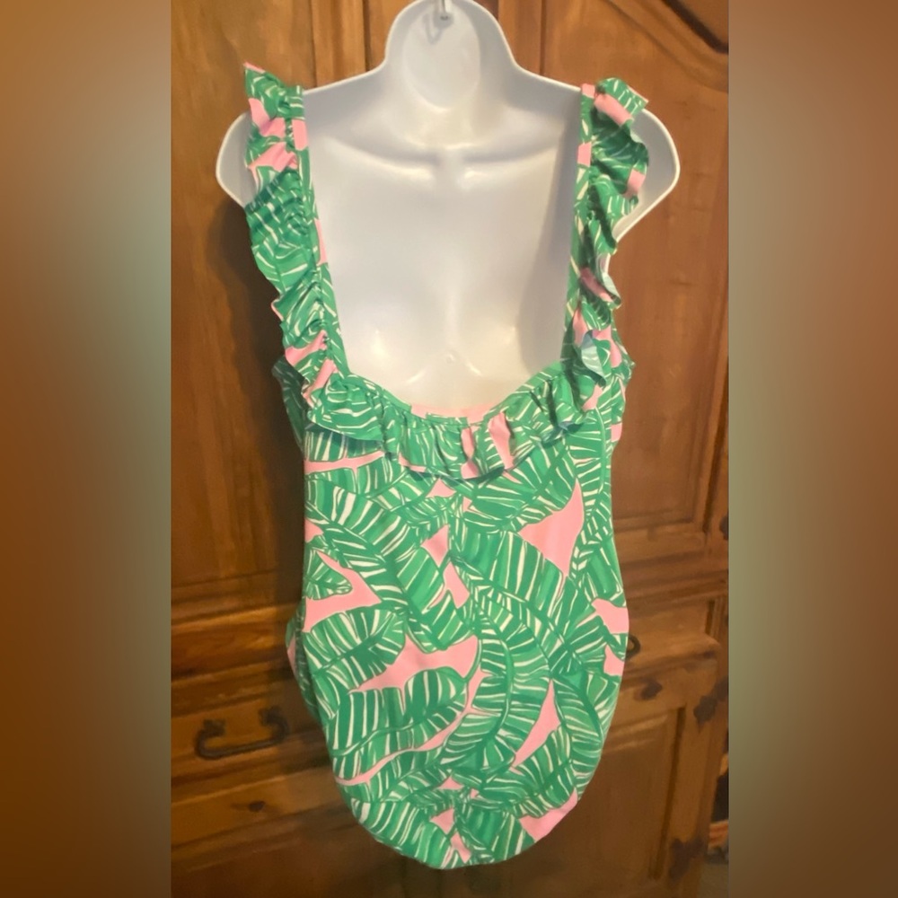Lilly Pulitzer Green Palm Leaf One-Piece Swimsuit with Pink Accents - Picture 6 of 12